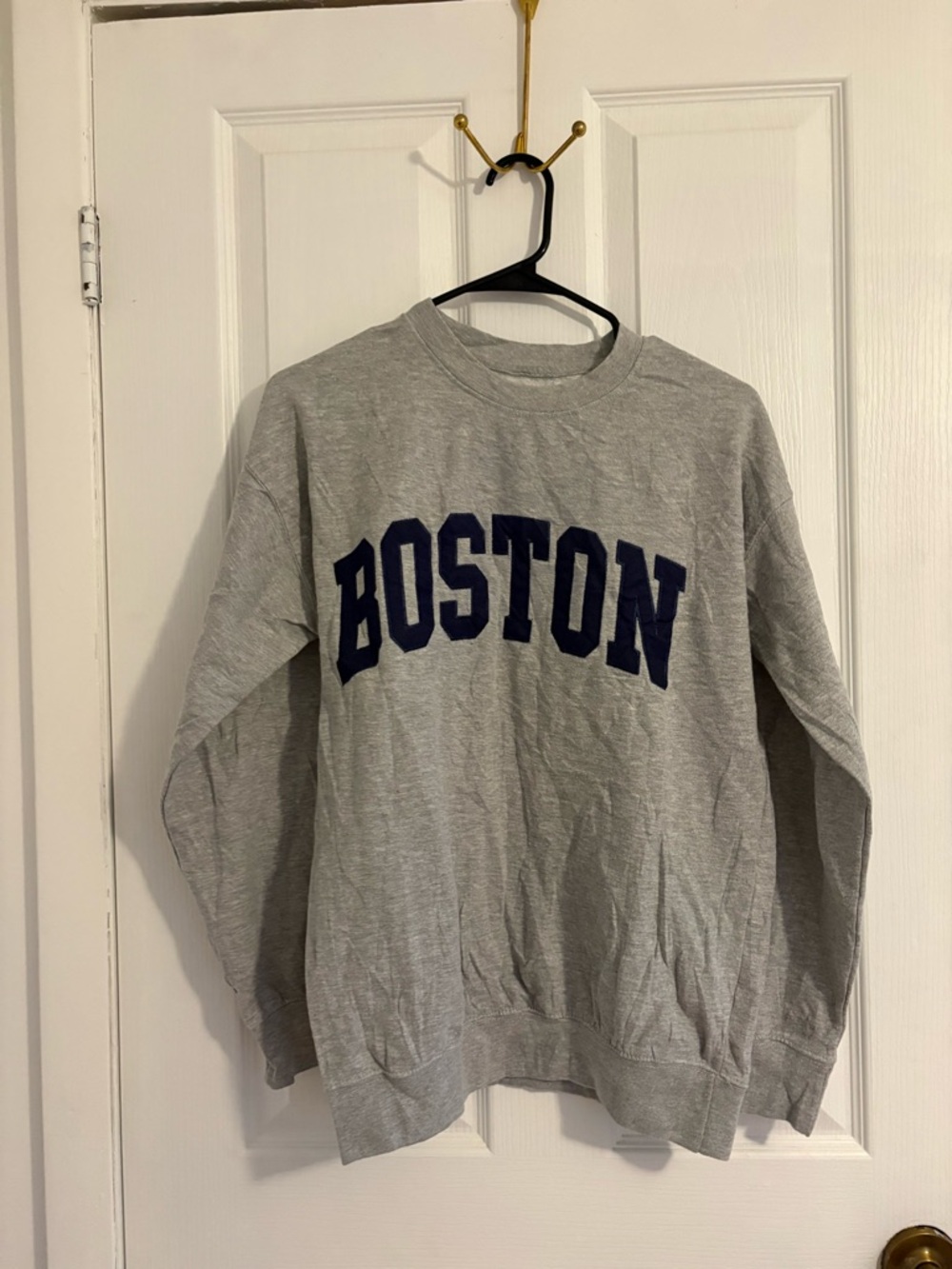 Gray Crewneck Sweatshirt with Navy 'BOSTON' Lettering